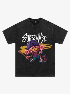 Thesupermade Cartoon Graffiti Trendy Weird Kid T-Shirt - Washed Black / XXL