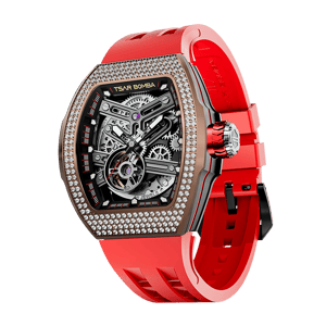 TSAR BOMBA Men's Automatic Skeleton Watch | Interchangeable Luxury Design | Red | Atomic TB8218 | Cubic Zirconia