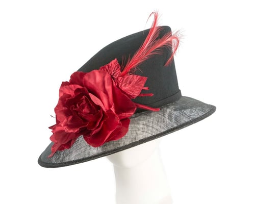 Exclusive black ladies winter fashion hat with red flower by Cupids Millinery