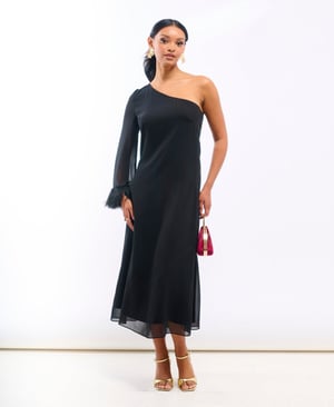 Black Asymmetric Feather Cuff Dress - 20