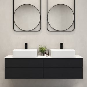 60" Black Floating Bathroom Vanity Set Cultured Marble Top with Ceramic Vessel Sink