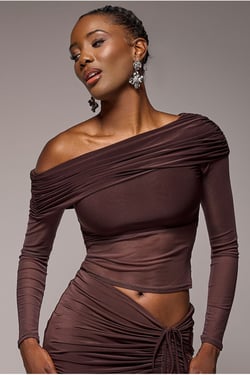 Goddiva Gathered Bardot Asymmetric Mesh Panel Top - Brown