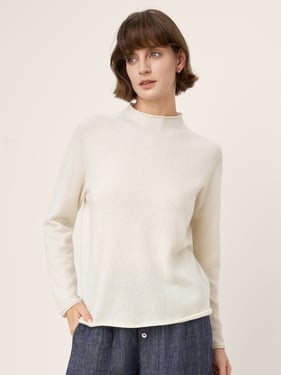 100% Mongolian Cashmere Seamless Rolled-Edge Mock Neck Sweater JANIE - Optic White / M