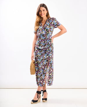 Multicoloured Floral Wrap Midi Dress - 18