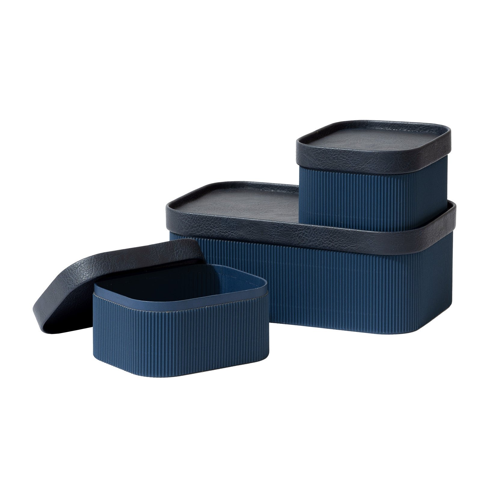 Alberto - Navy Blue Corrugated Paper Rectangular Storage Box With Vegan Leather Lid Set 3