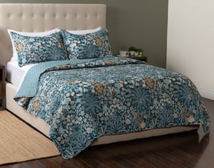 QE Home Bamana Recycled Polyester Coverlet Set, Floral, Green, Queen