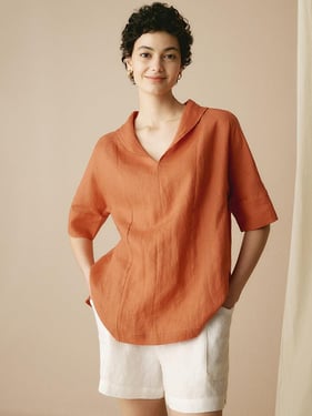 100% Linen V-Neck Short Sleeve Shirt SIERRA - Sun Orange / XXXL