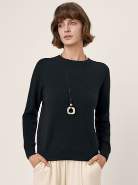 Premium Cashmere Blend Hand-Finished Seamless Crew Neck Ribbed Trim Knit Top WANDA - Charcoal Black / XXL