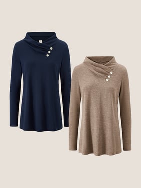Cashmere Asymmetric Cowl Neck Stretch Top TATIANA - Navy Blue/Khaki / XXL
