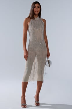 AKIRA Keke Midi Dress With Rhinestone Fringe | Size 2X