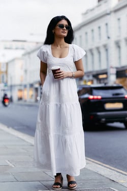 Puff Sleeve Embroidered Tiered Dress in White - Coconut White / XS