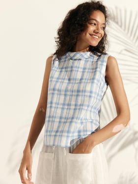 100% Linen Draped Collar Tank Top - Sky Breeze / XXL