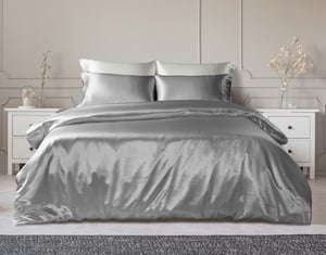 QE Home 100% Mulberry Silk Duvet Cover in Silver, OEKO-TEX® Certified, Grey, King