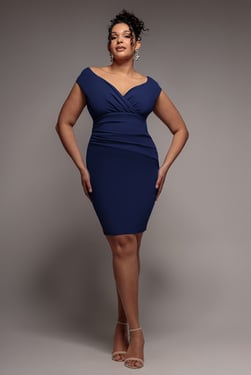 Goddiva Plus Bardot Pleated Midi Dress - Navy Blue