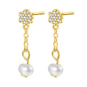 Flower and Pearl Drop Stud Earrings Sterling Silver