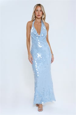 Oceanic Sequin Halter Maxi Dress Blue