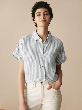 100% Linen Striped Classic Button-Front Shirt HUNTER - Blue Stripe / XXL