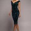 Goddiva Multi Sequin & Velvet Bardot Midi - Emerald Green