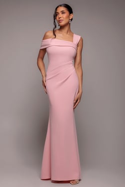 Goddiva Off The Shoulder Pleated Waist Maxi Dress - Blush Pink