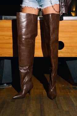 AKIRA Azalea Wang Halina Croc Stiletto Boot | Brown | Size 11