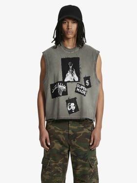 Ripped Graphic Patch Sleeveless Vest - Gray-Green / 2XL