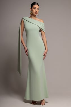 Goddiva Sash One Shoulder Bardot Maxi Dress - Sage Green