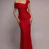Goddiva One Shoulder Pleated Bardot Lace Maxi Dress - Red