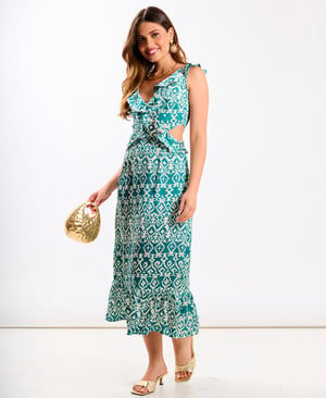 Green Ikat Ruffle Cutout Midi Dress - 18