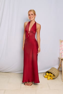 Flowers For Myself Satin Halter Maxi Dress Maroon