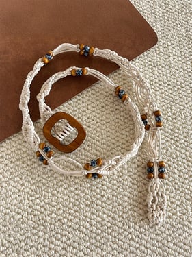 Bohemian Hand-Woven Waxed Cord Waist Rope With Wooden Buckle - Beige / One Size