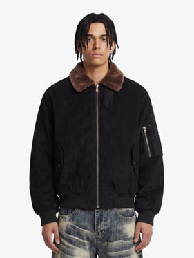 Retro Suede Faux Fur Collar Fleece Lined Bomber Jacket - Black / XL