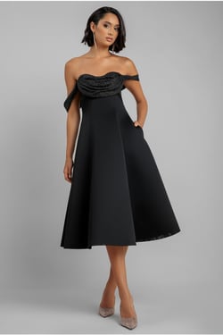 Goddiva Sparkle Chiffon Cowl Bardot Skater Midi Dress - Black