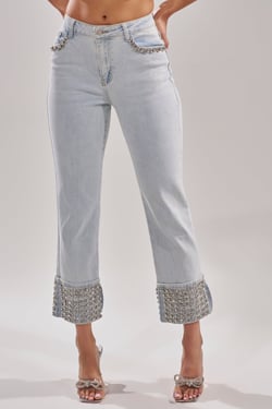 AKIRA Hanni Rhinestone Denim Cropped Pants | Light Blue | Size 31