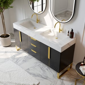 59" Bathroom Vanity Freestanding Cultured Marble Top with Double Sink Drawers & Doors Black