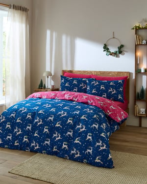 Cotton Reversible Duvet Set Blue Christmas Reindeer - Super King / Blue