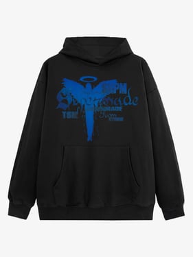 Vintage Washed Angel Halo Distressed Letter Graphic Hoodie - Black / 2XL