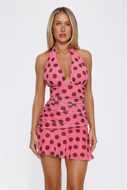Social Glow Halter Polka Dot Mini Dress Pink