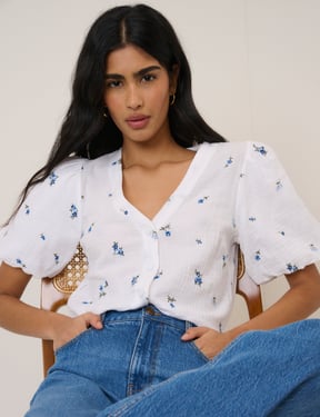 White and Blue Ditsy Floral Puff Sleeve Top