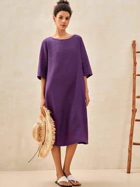 100% Linen Collarless Mid-Length Dress SOFIA - Dark Purple / XXL