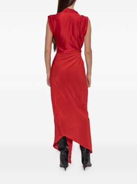 Twist red shiny stretch jersey and silk crêpe de chine asymmetric long dress with twisted detail.