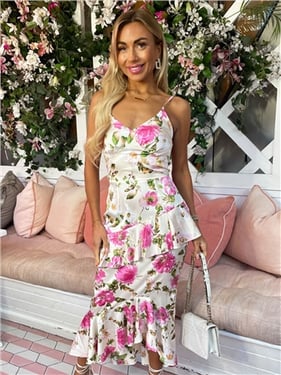 Ax Paris Floral Satin Ruffle Midi Dress - Mty - 8