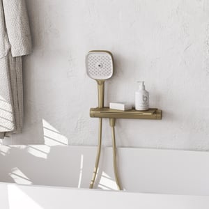 Brushed Gold Waterfall Bathtub Faucet Wall Mounted with Handheld Shower – Dual Knob Temperature & Water Mode Control