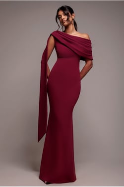 Goddiva Sash One Shoulder Bardot Maxi Dress  - Burgundy
