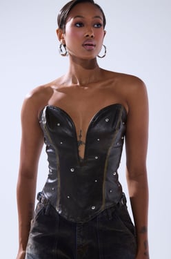 AKIRA Hard To Please Studded Faux Leather Corset Top | Brown | Size 1X