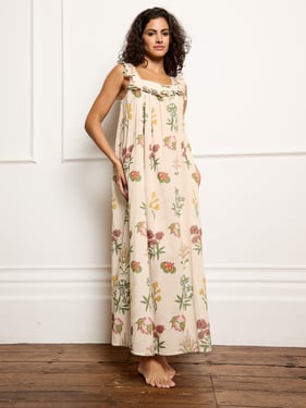 Womens Cotton Square Neck Frill Night Dress Natural Wallpaper Floral - 3XL / 22-24 / Natural