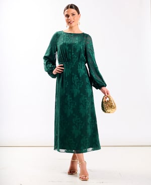 Green Long Sleeve Jacquard Midi Dress - 20