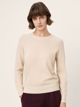 100% Mongolian Cashmere Seamless Ribbed Trims Crewneck Sweater TAWNY - Beige / XXL