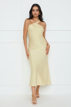 Whispering Palms Satin Midi Dress Yellow