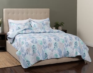 QE Home Eliana Recycled Polyester Coverlet Set, Botanical, Blue, Queen
