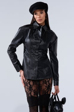AKIRA Feeling Rich Faux Leather Button Down Top | Black | Size 1X